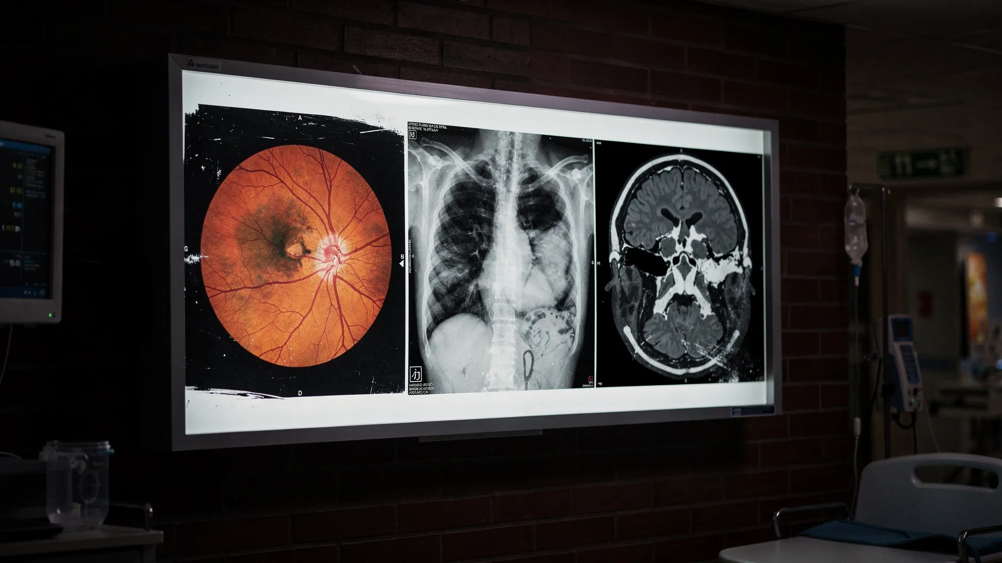 A medical light box on a dim hospital wall displaying a retinal photograph, a chest X-ray and a brain MRI slice side by side.