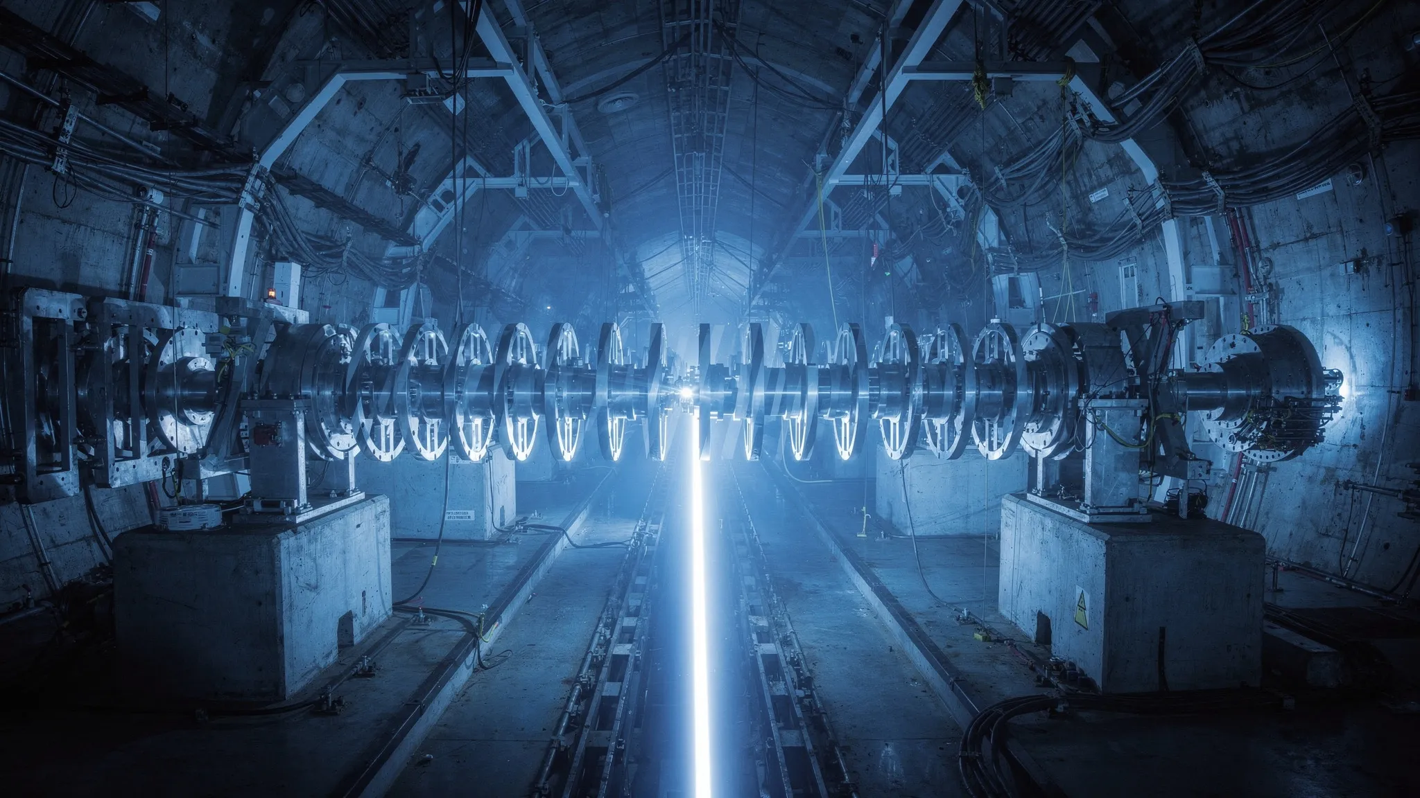 A long underground tunnel with a row of large metal ring-shaped modules on concrete supports, a thin bright beam of light running along its axis in cobalt blue.