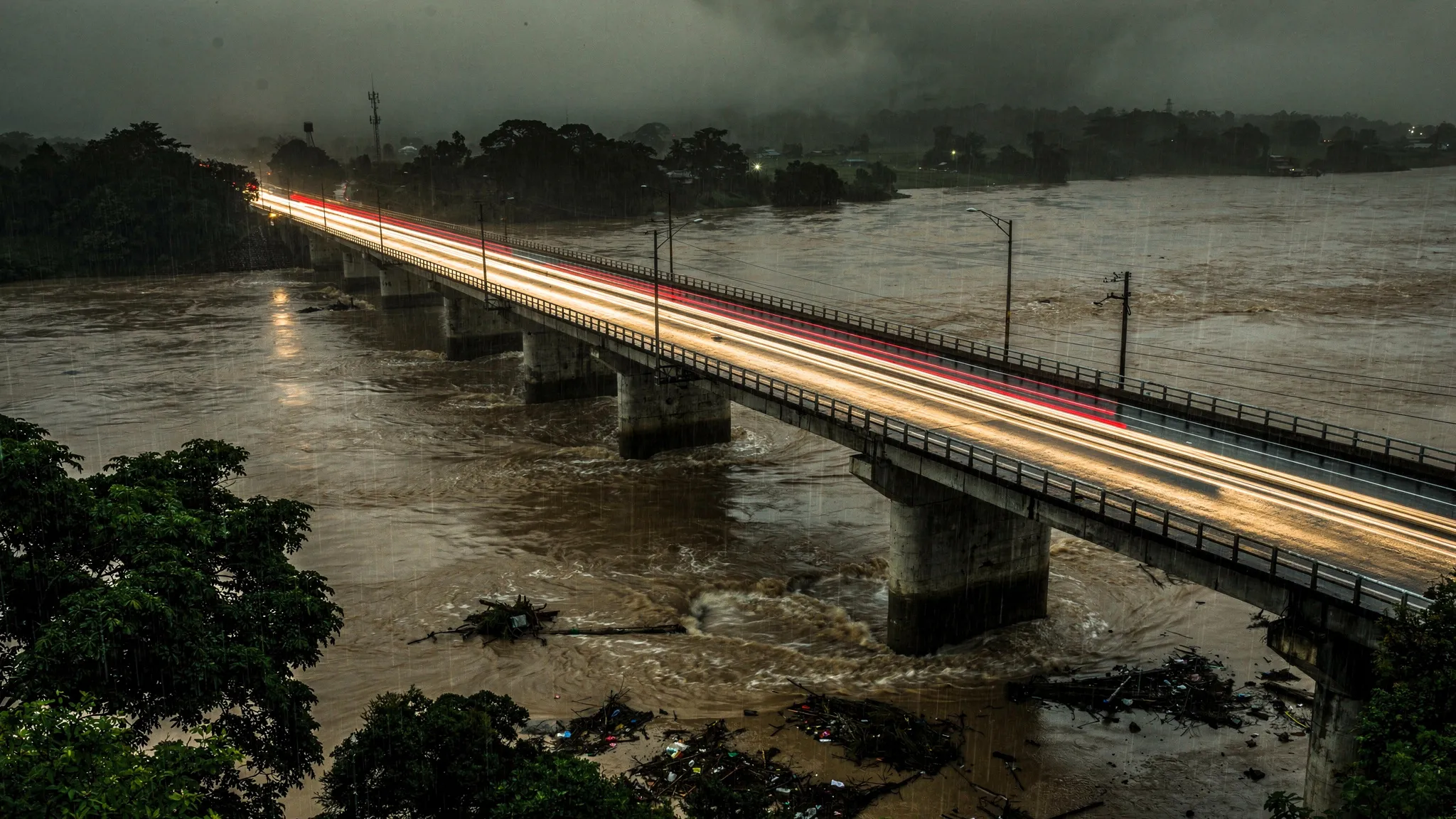 Eine lange Betonbrücke auf Pfeilern über einem braunen, angeschwollenen Fluss im Regen, mit Lichtspuren des Verkehrs auf der Fahrbahn.