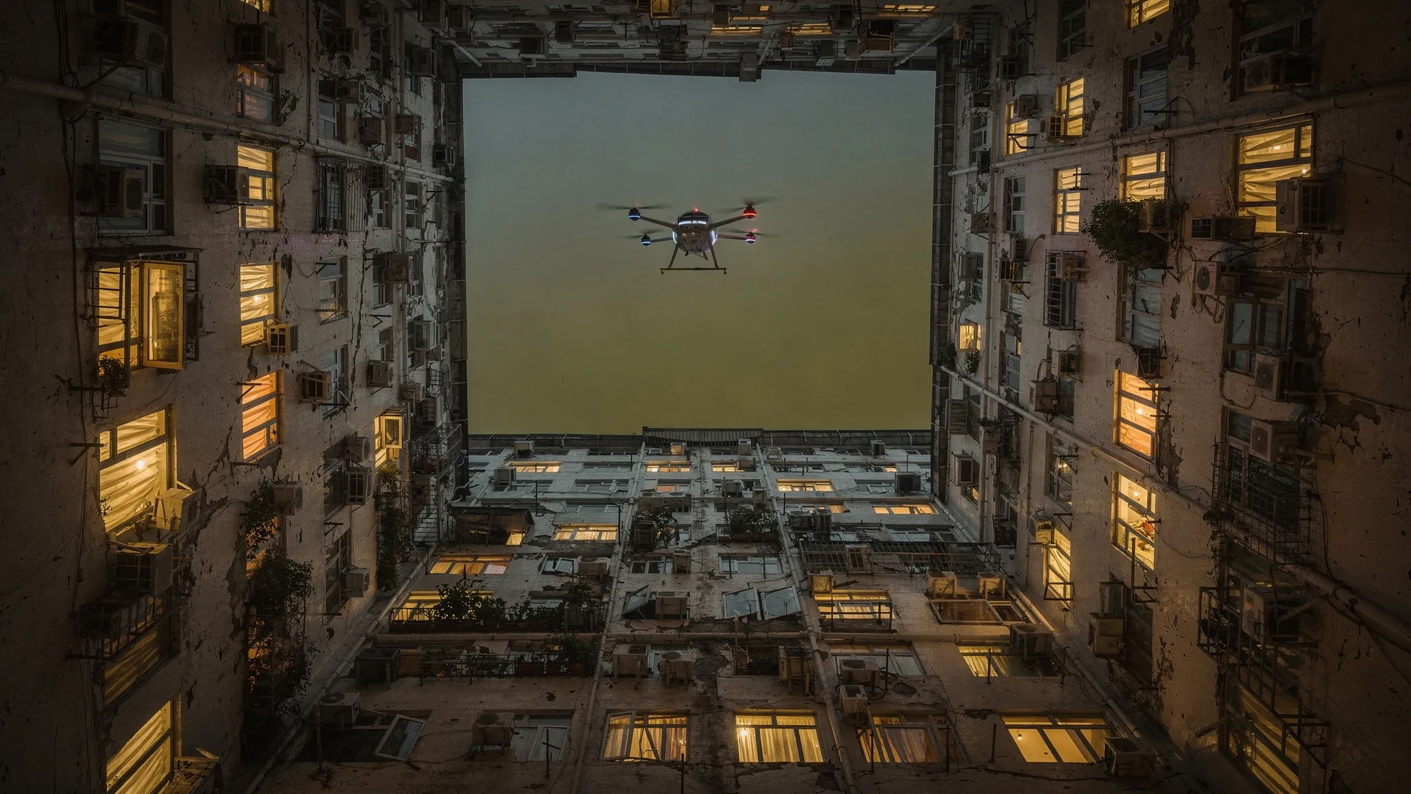View at dusk from the bottom of an enclosed courtyard between tall apartment buildings, looking up at a multirotor drone crossing the square of sky.