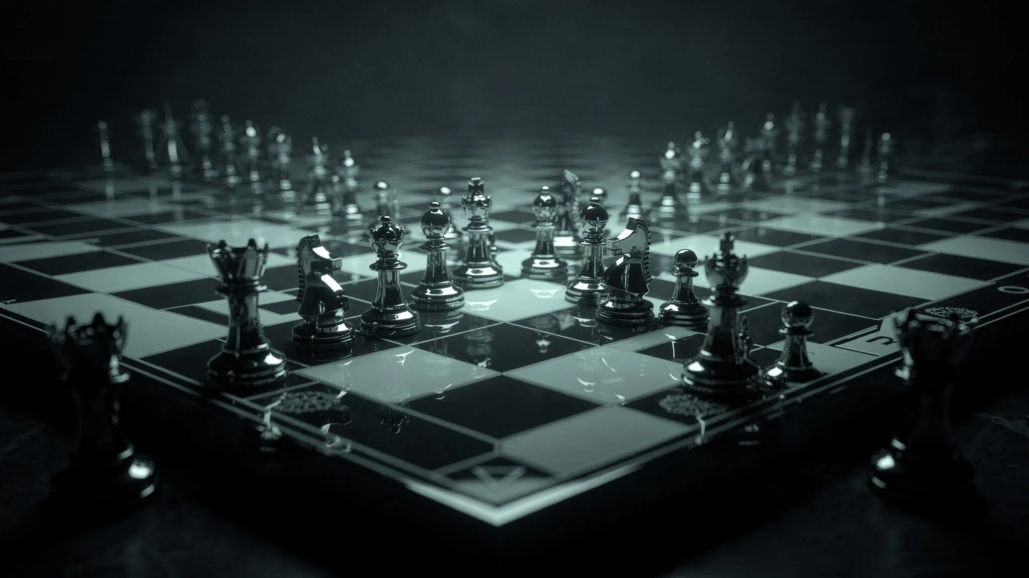 Polished chess pieces standing on a vast chessboard that fades into darkness, lit in dark cyan.