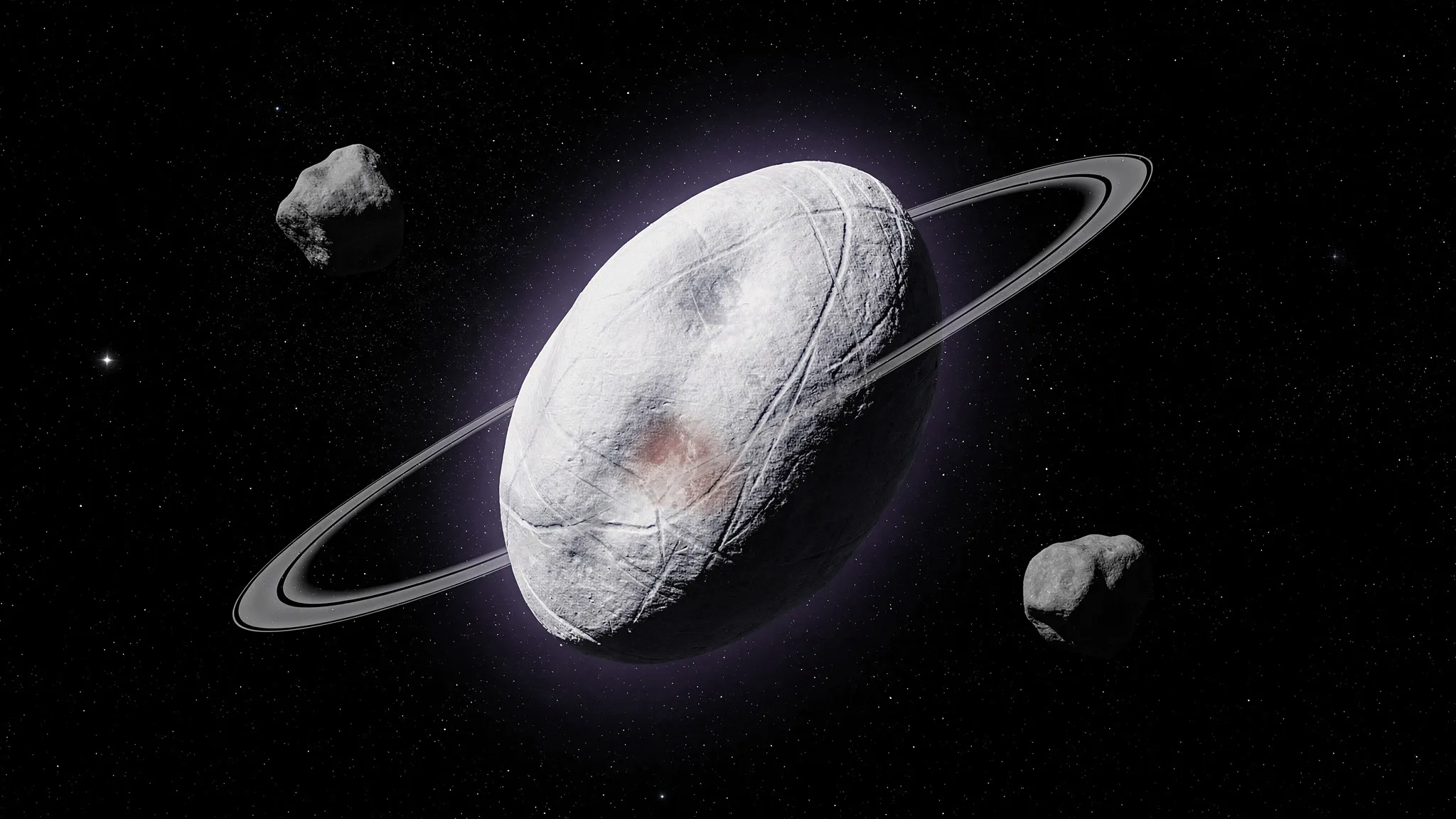 The elongated, egg-shaped icy dwarf planet Haumea with a thin ring and two small moons, lit from one side, violet glow.