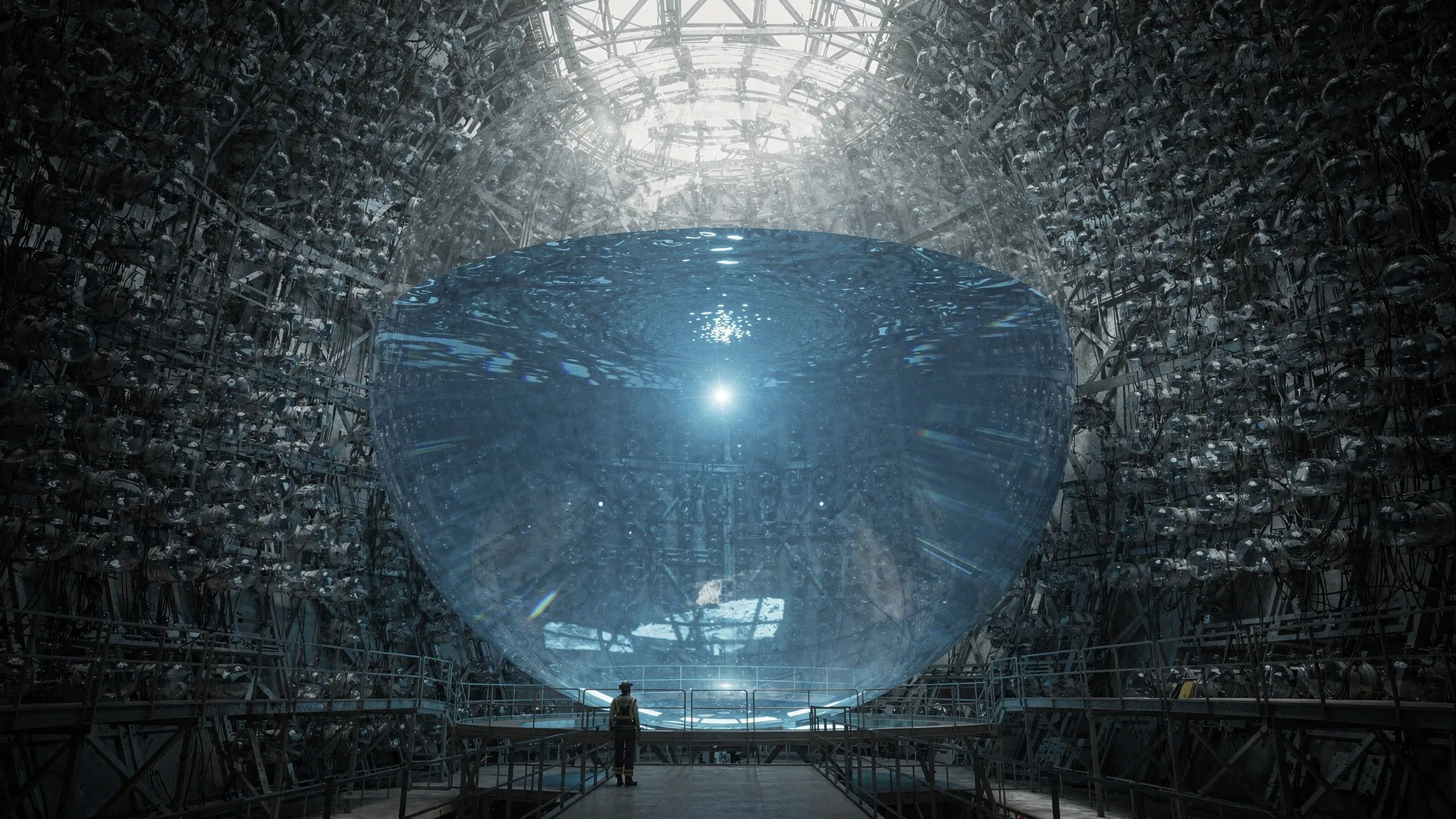 Inside a giant spherical neutrino detector: a clear acrylic sphere surrounded by thousands of round light sensors, a faint flash in the liquid, blue light.