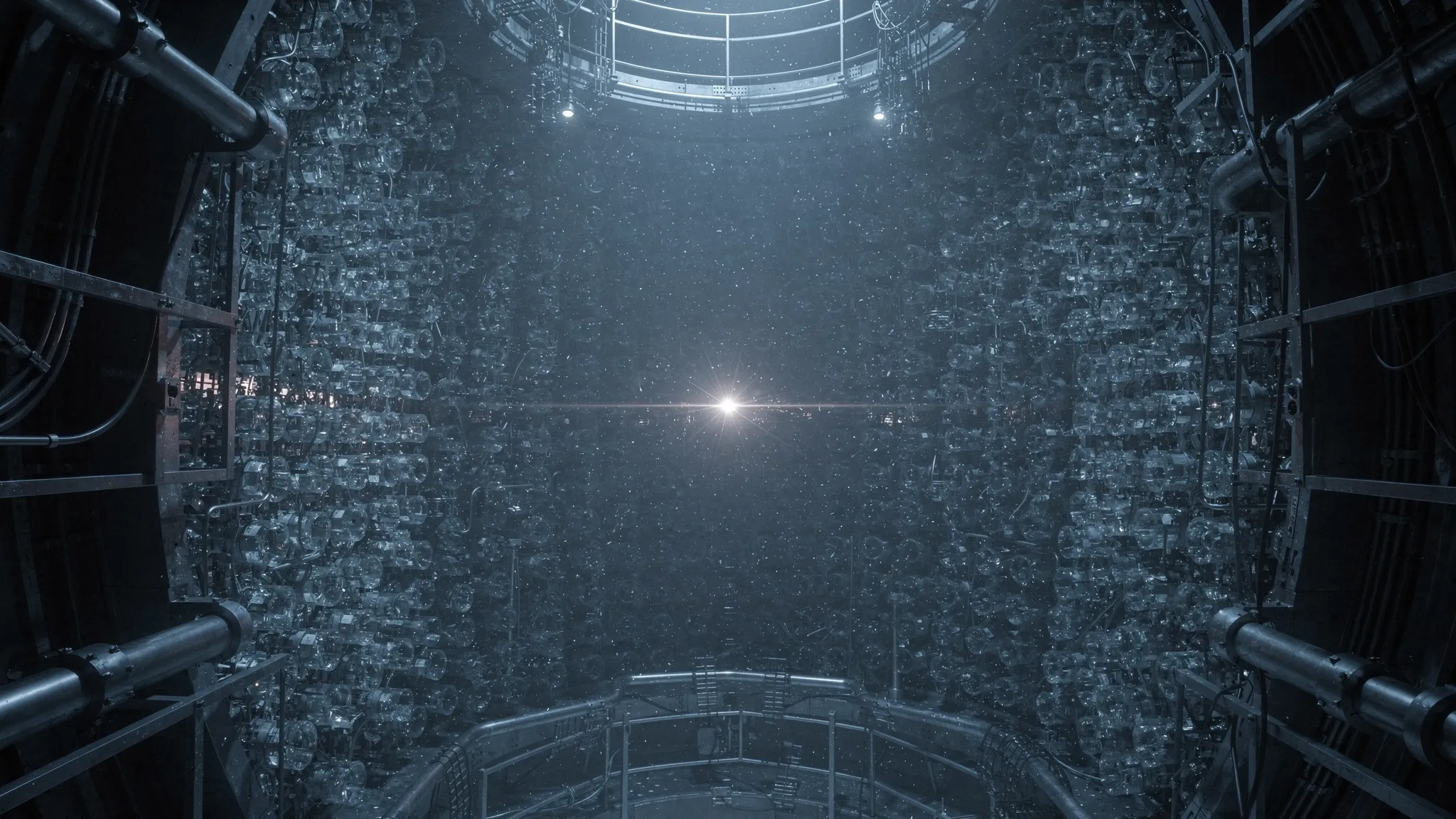 Inside a large cylindrical detector lined with rows of photomultiplier tubes, a single tiny flash of light in the dark.