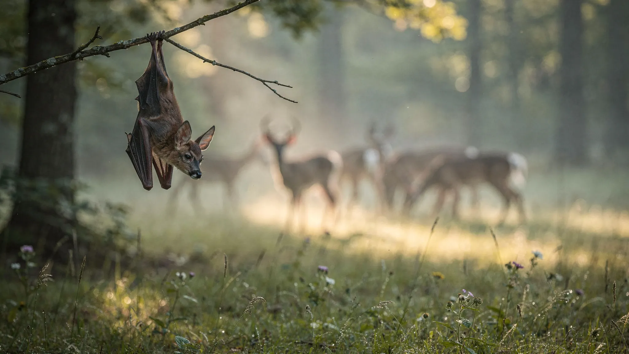 Eine neblige Waldlichtung mit äsenden Hirschen im Hintergrund und im Vordergrund eine hängende Fledermaus mit hirschähnlichem Kopf.