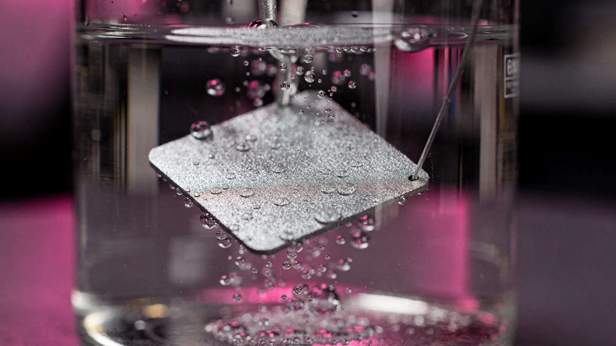 Macro photograph of a small silvery coated wafer in clear acid, with tiny bubbles rising from its surface, in magenta light.
