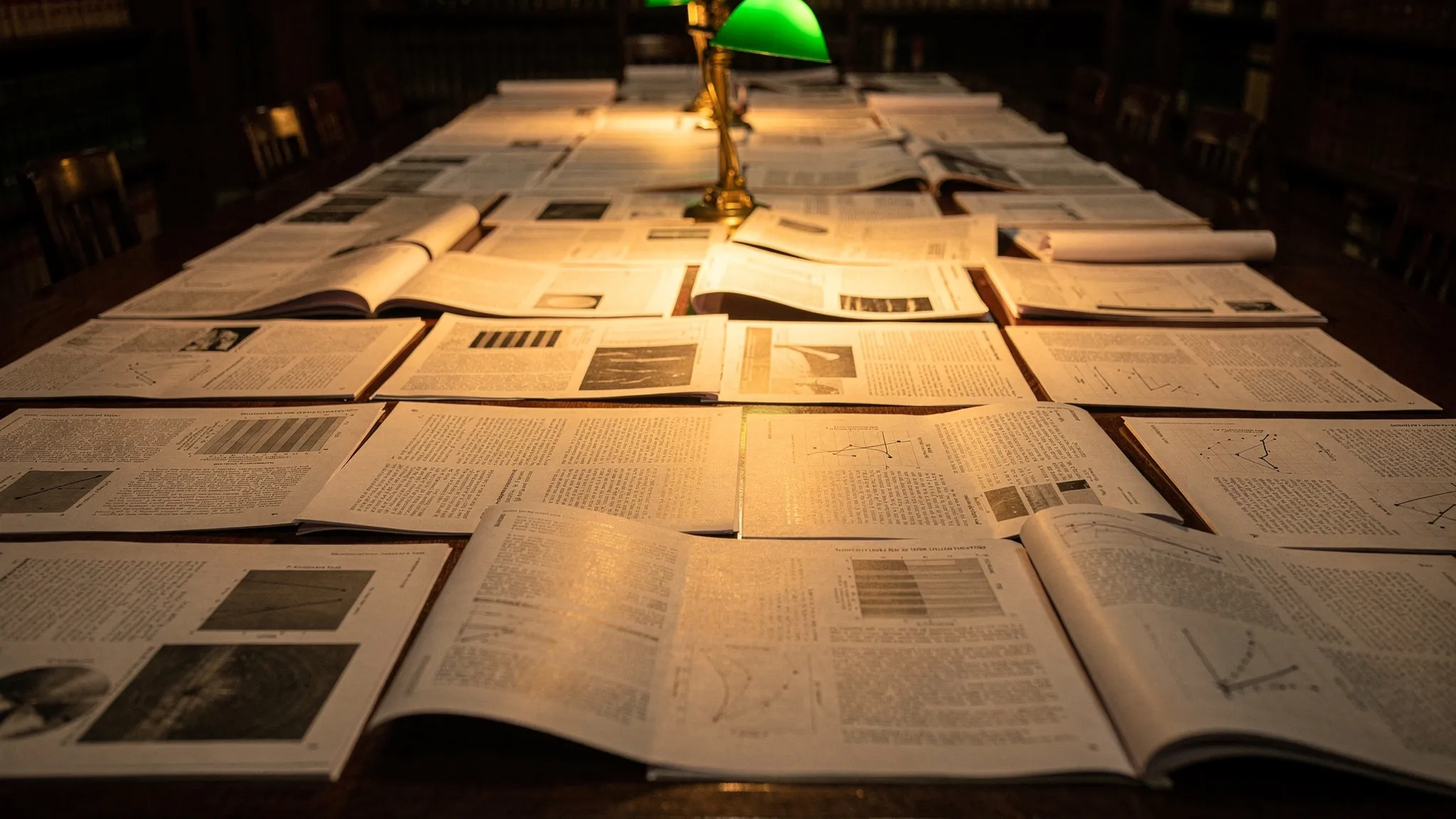 Many printed scientific articles laid out in rows on a long library table, their pages showing similar layouts of text and graphs, under amber lamp light.