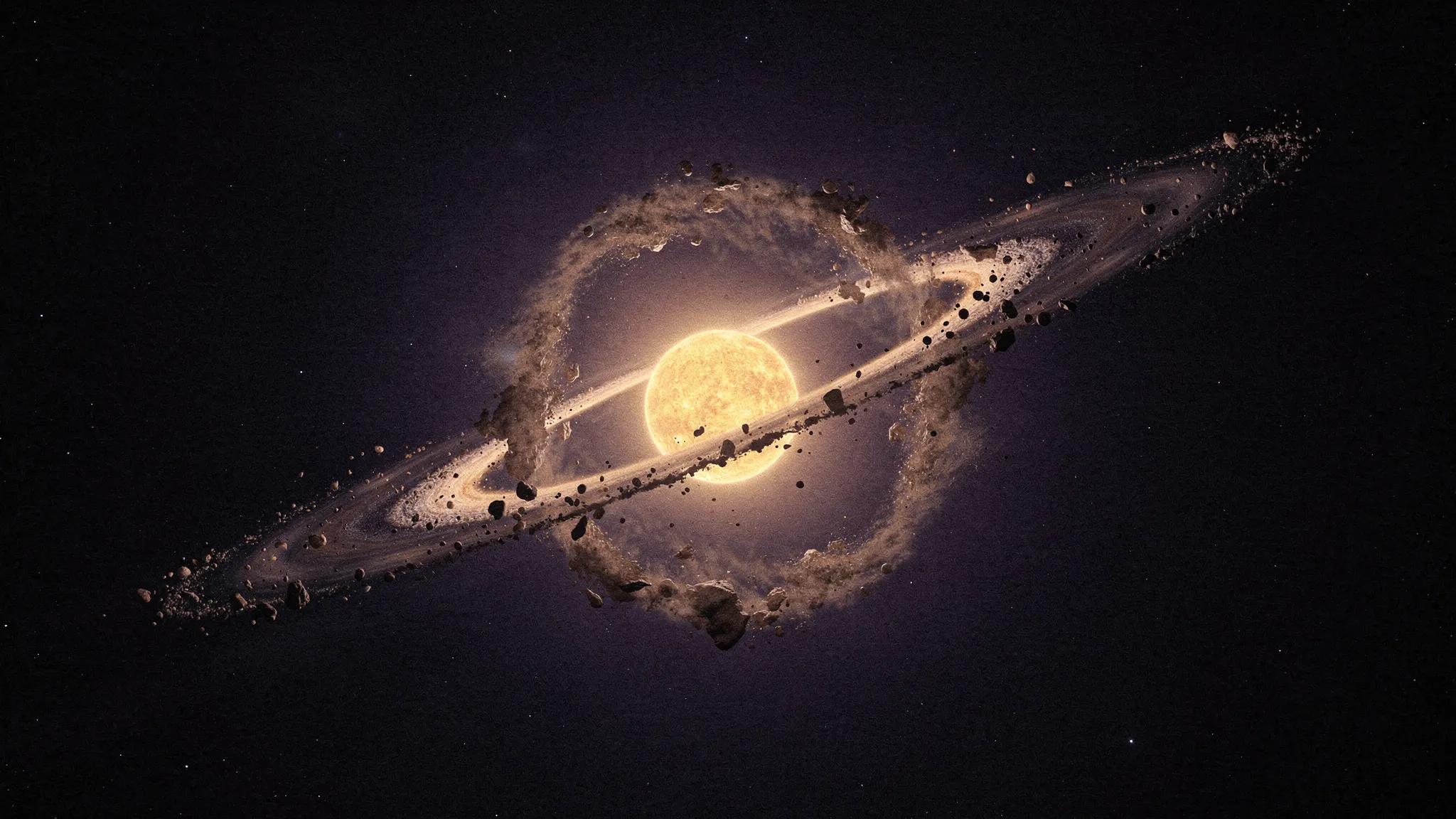Ein leuchtend gelber Stern, umgeben von geneigten Ringen aus Staub und Gesteinsbrocken, wobei ein Ring einen anderen kreuzt.
