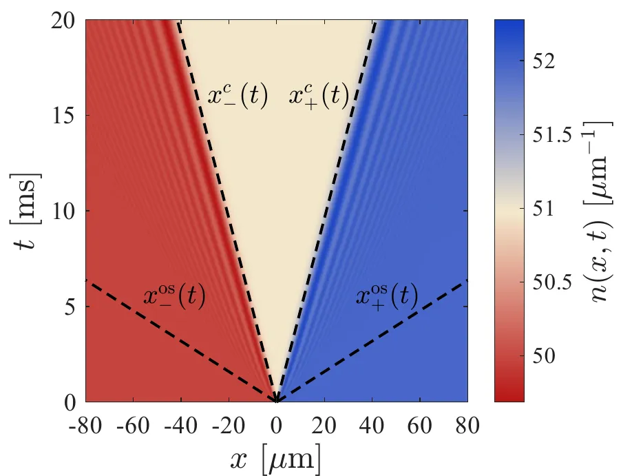 Space-time map of atom density after the dam break, forming a cone with a calm interior and ripples outside.