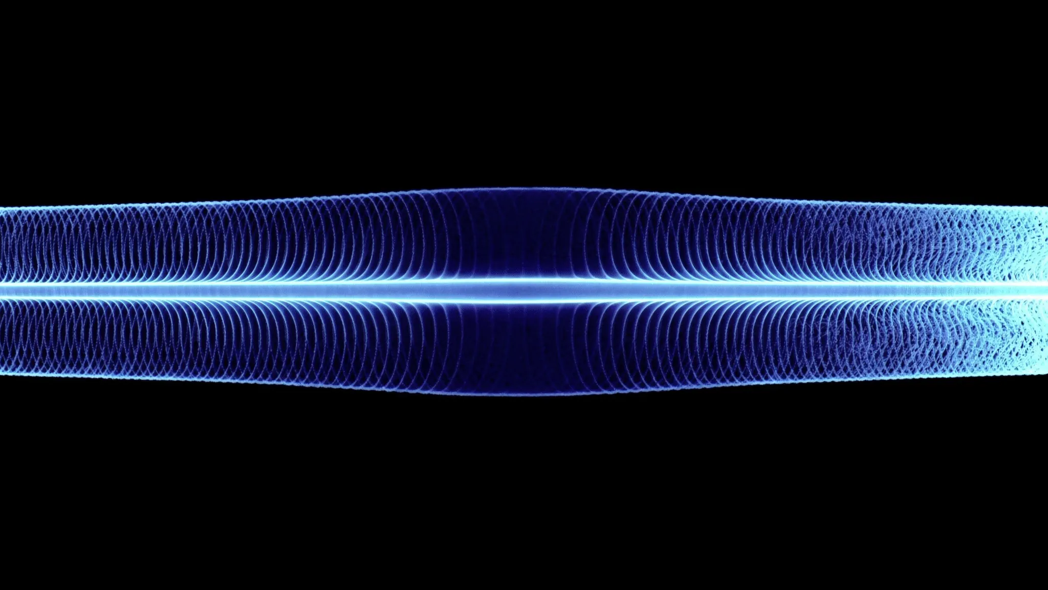 A thin elongated cloud of ultracold atoms seen from the side, fine regular ripples along its length, brighter toward the right, in deep blue on black.
