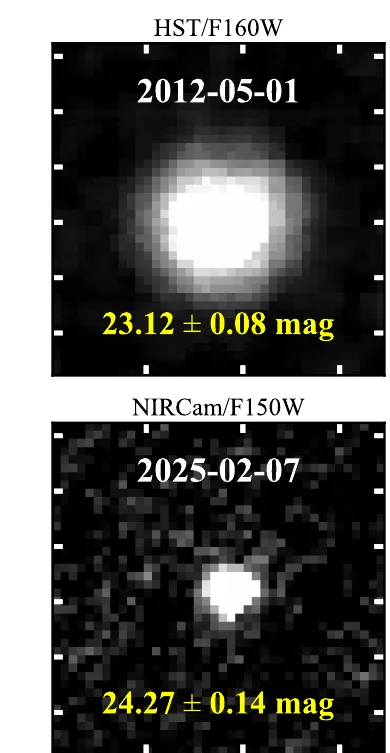 Two telescope images of the same point of light, much brighter in 2012 than in 2025.
