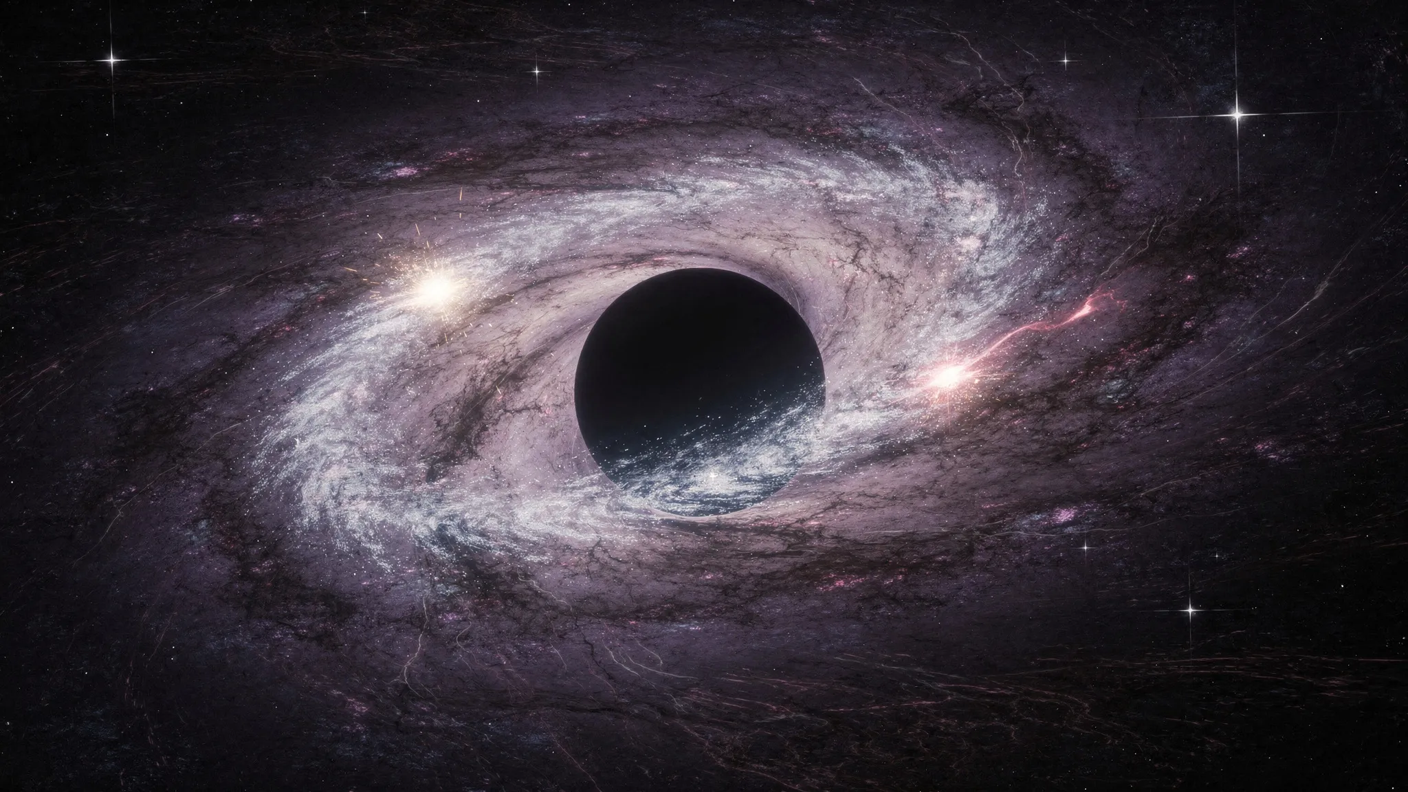 A dark black hole at the centre of a swirling bright disc of gas and stars, a flare streaming out to one side, in violet tones against a starry sky.
