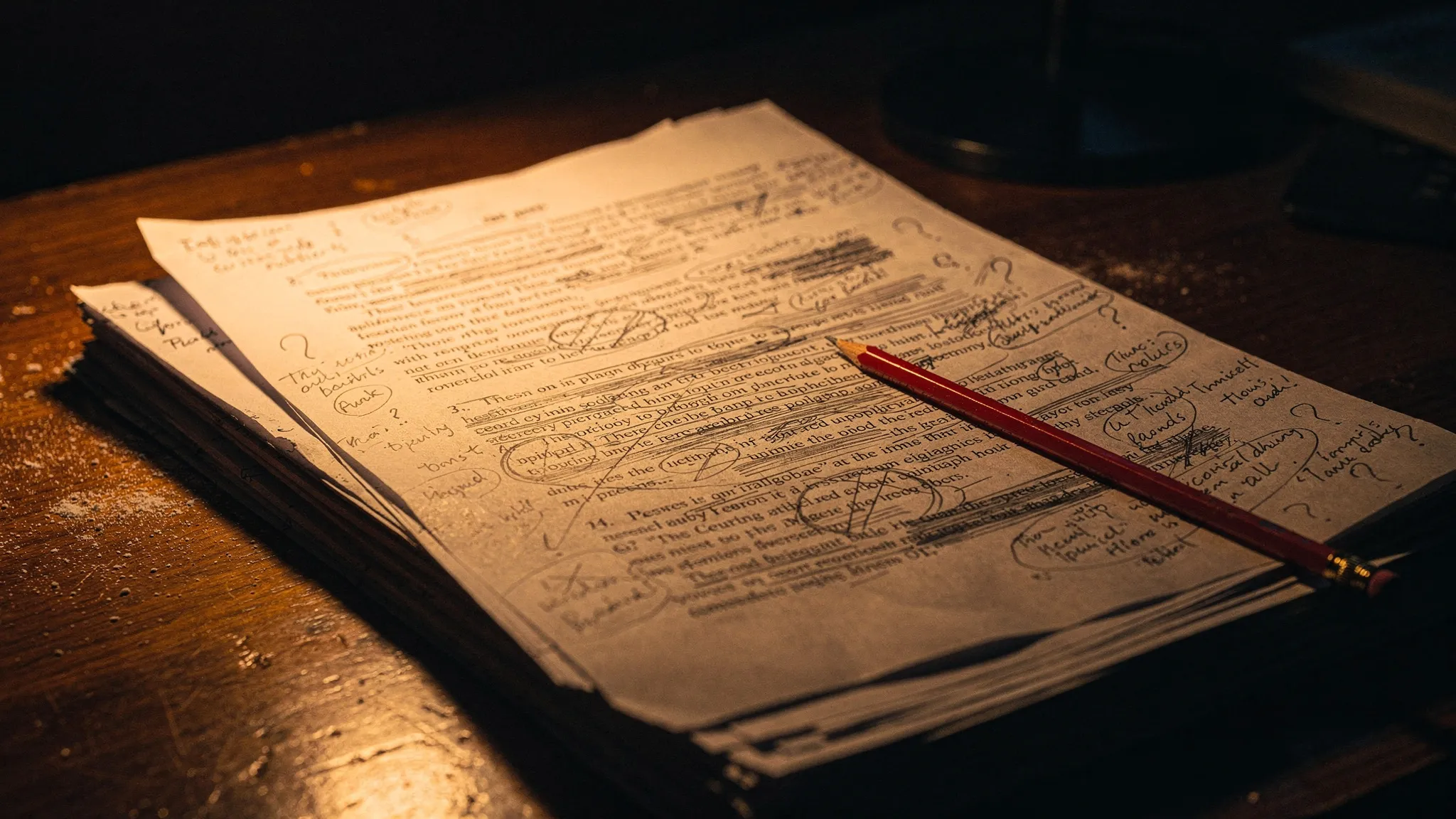 Ein Stapel bedruckter Seiten auf einem Holzschreibtisch im Lampenlicht, die oberste Seite voller handschriftlicher Notizen und Unterstreichungen, daneben ein Rotstift.