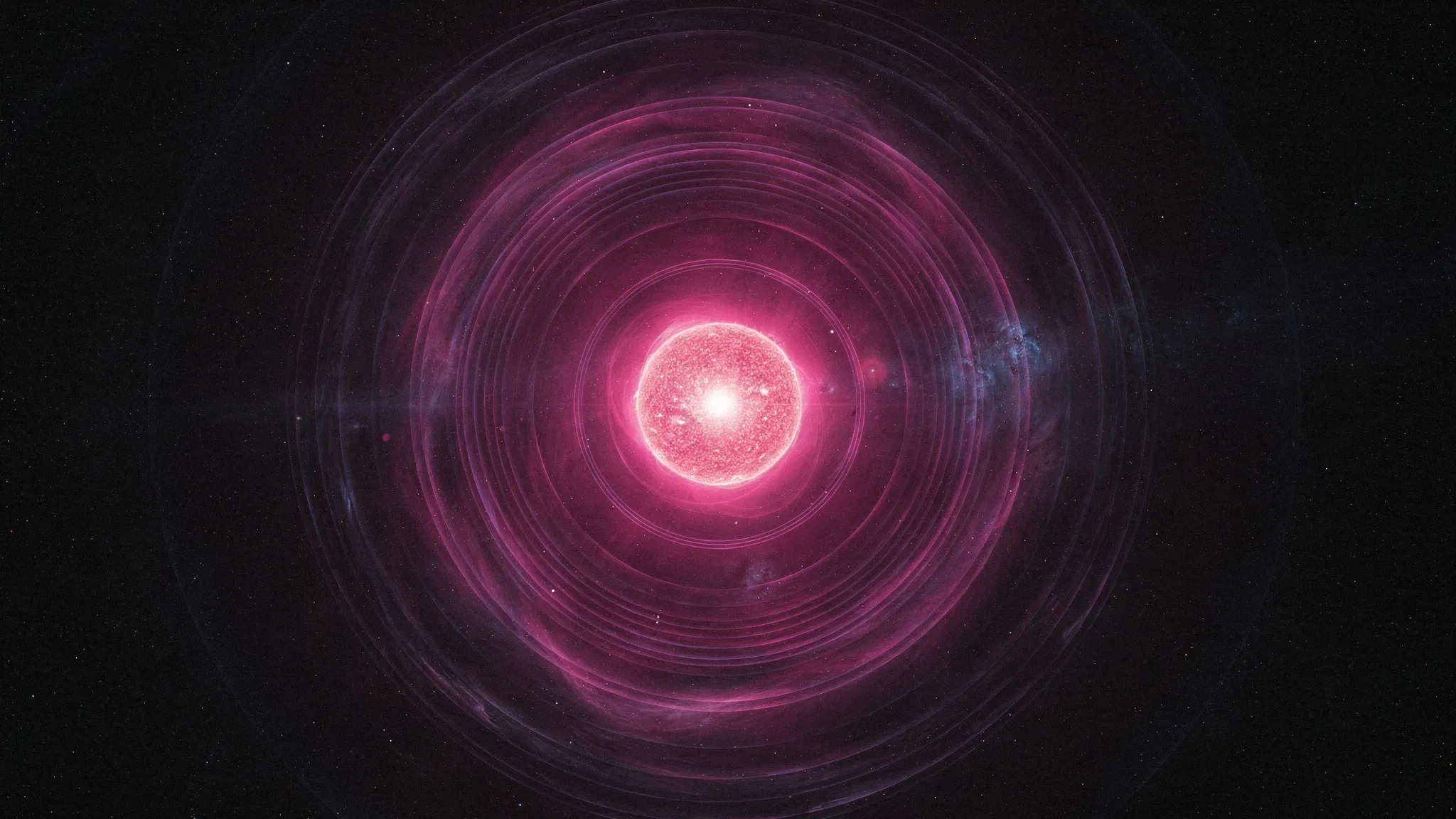 An old star surrounded by concentric shells of glowing gas spreading outward into dark space, lit in magenta.