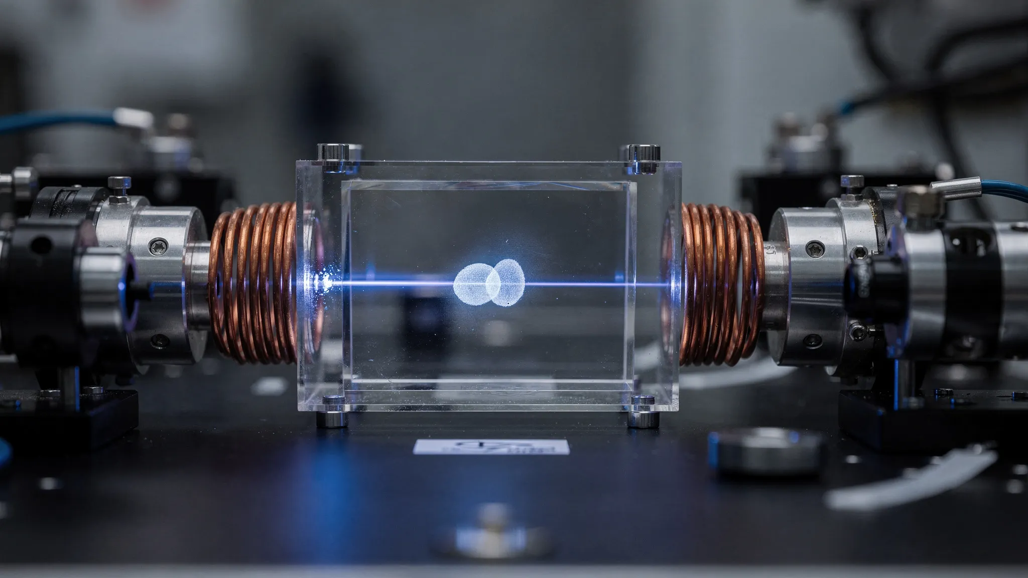 A small glass vacuum cell among magnetic coils and lenses, a faint cloud of atoms split in two inside, a thin laser beam, blue light.