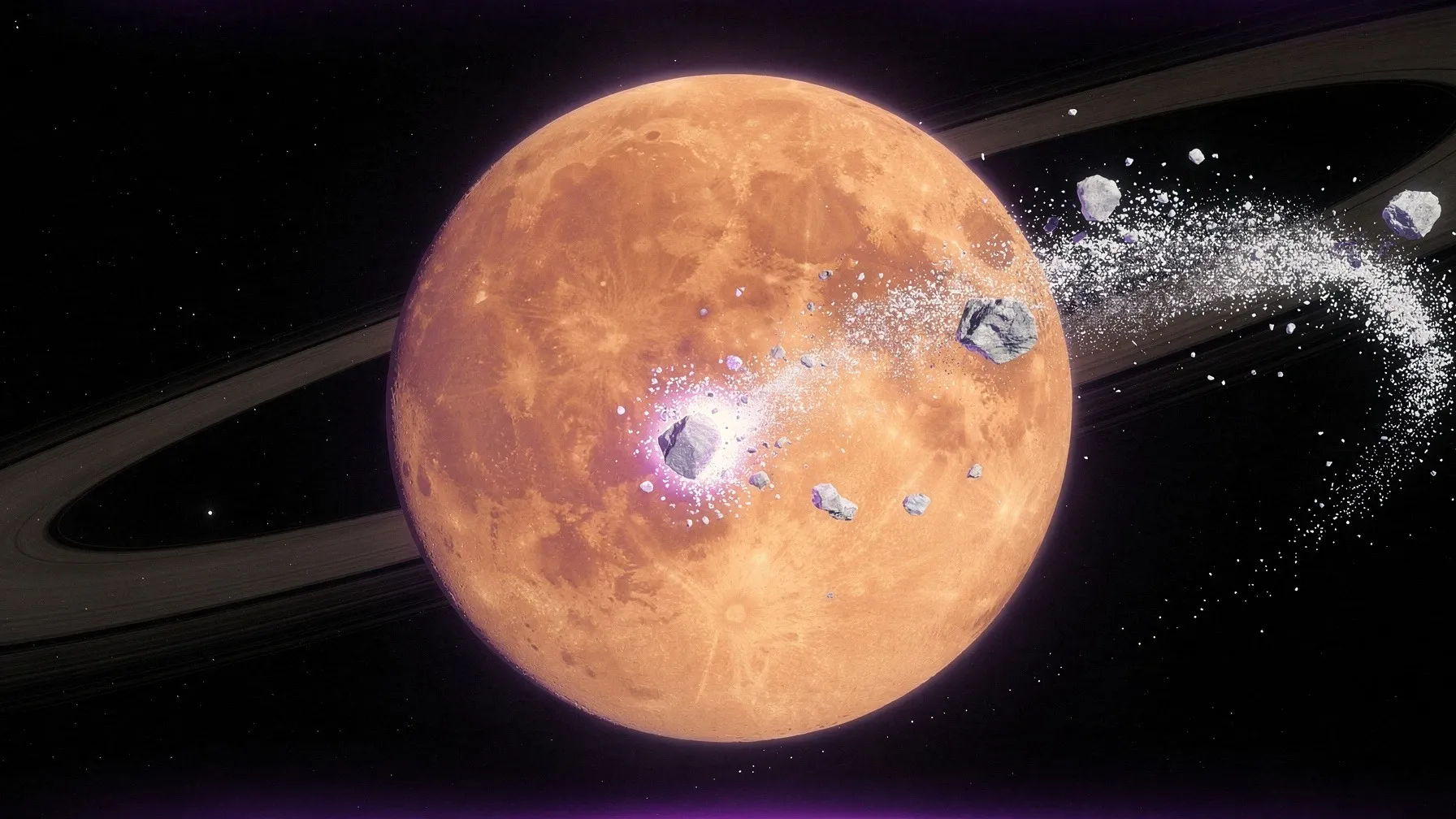 Space art of a hazy orange moon struck by an icy body, a spray of ice fragments fanning out, Saturn's rings in the background.
