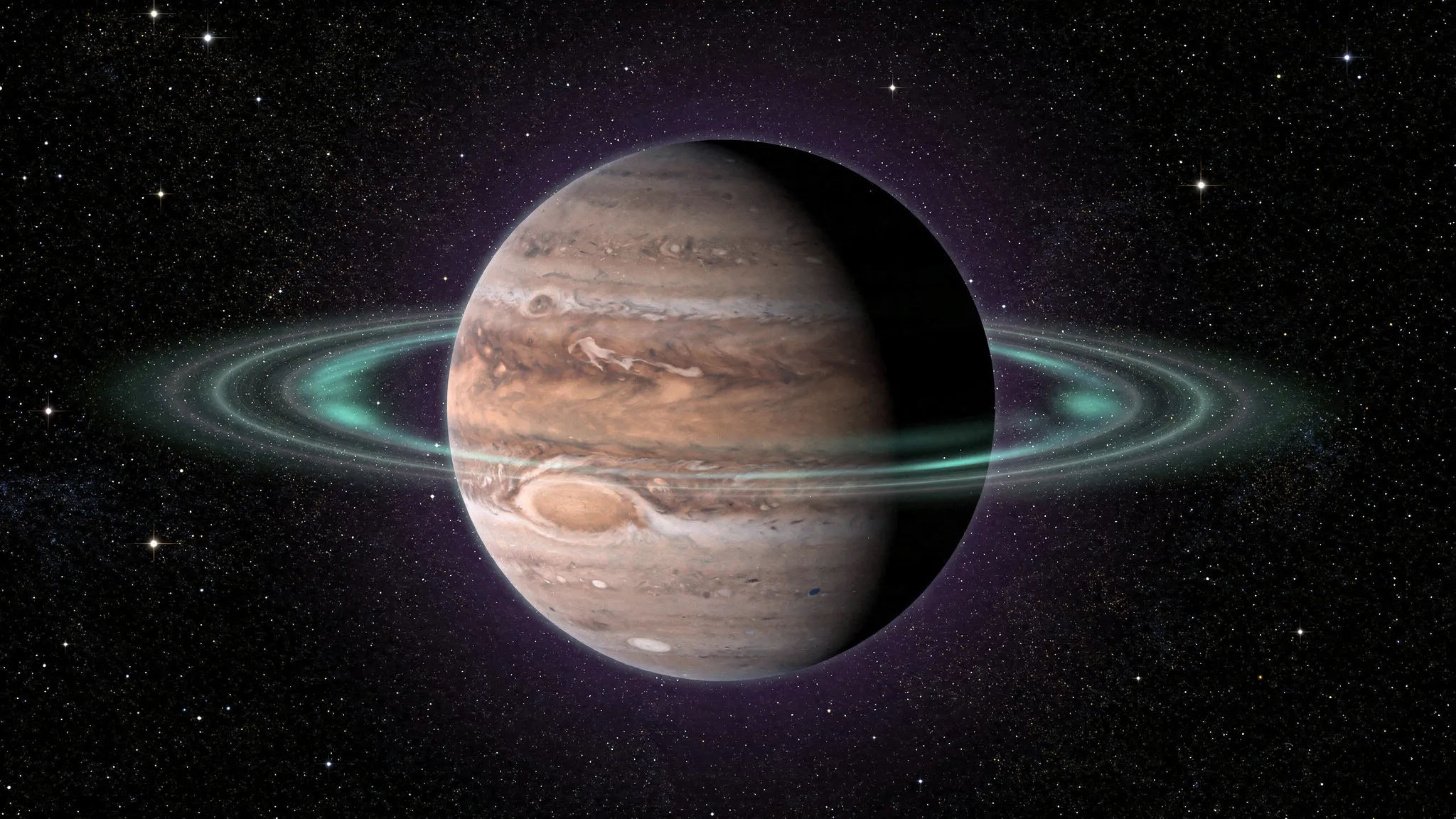 Ein gestreifter, jupiterähnlicher Planet mit einem großen rötlichen Sturm, umgeben von einem leuchtend türkisfarbenen Ring um den Äquator, vor einem Sternenhimmel.
