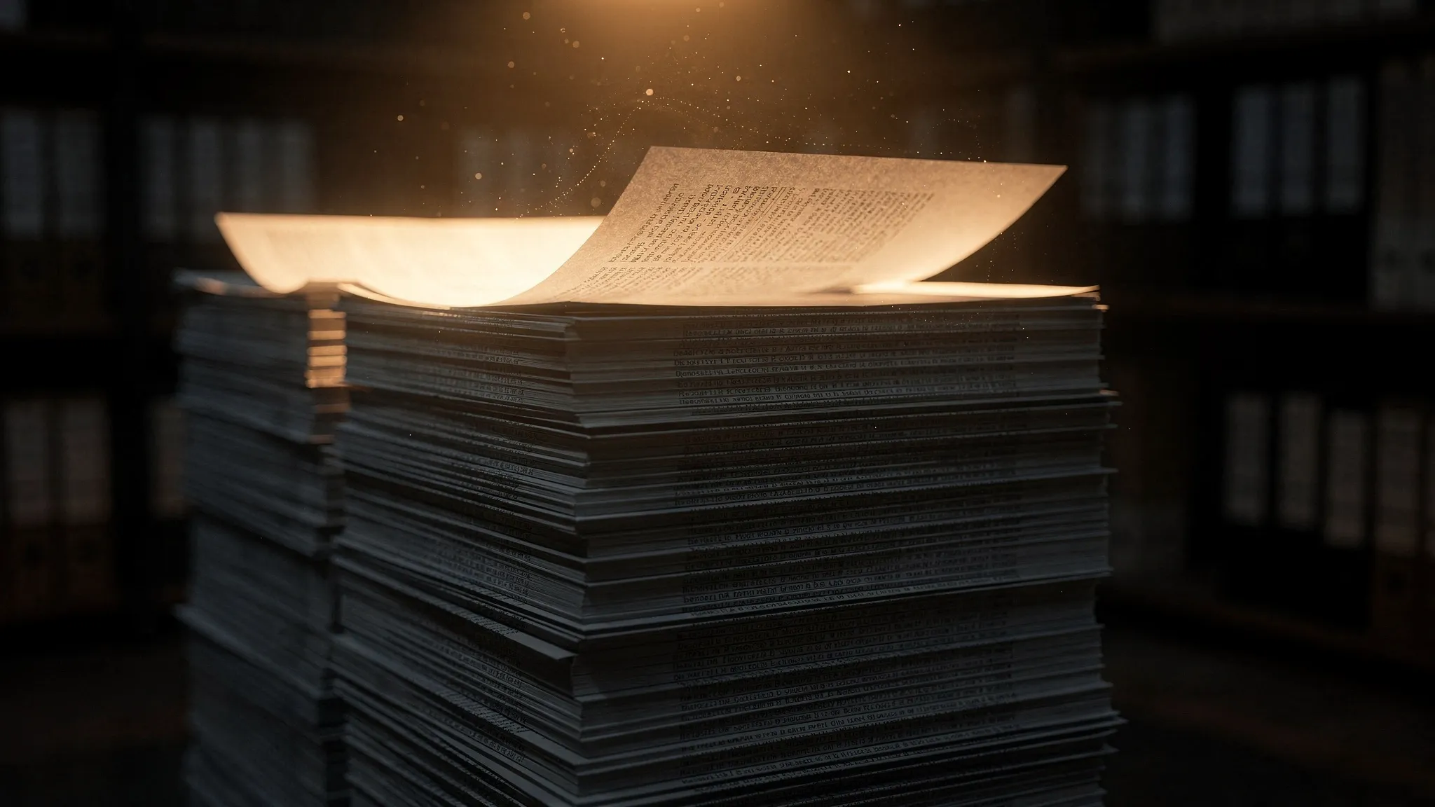 Stacks of printed web pages in a dark archive, some sheets glowing faintly, lit in deep amber.